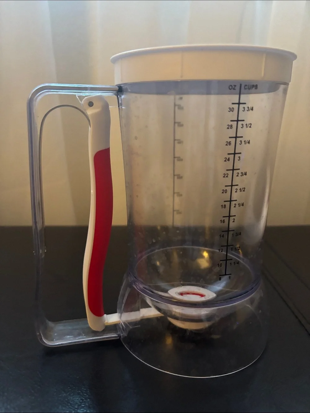 Red and White Batter Dispenser with Clear Measuring Cup - Kitchen Pouring Tool